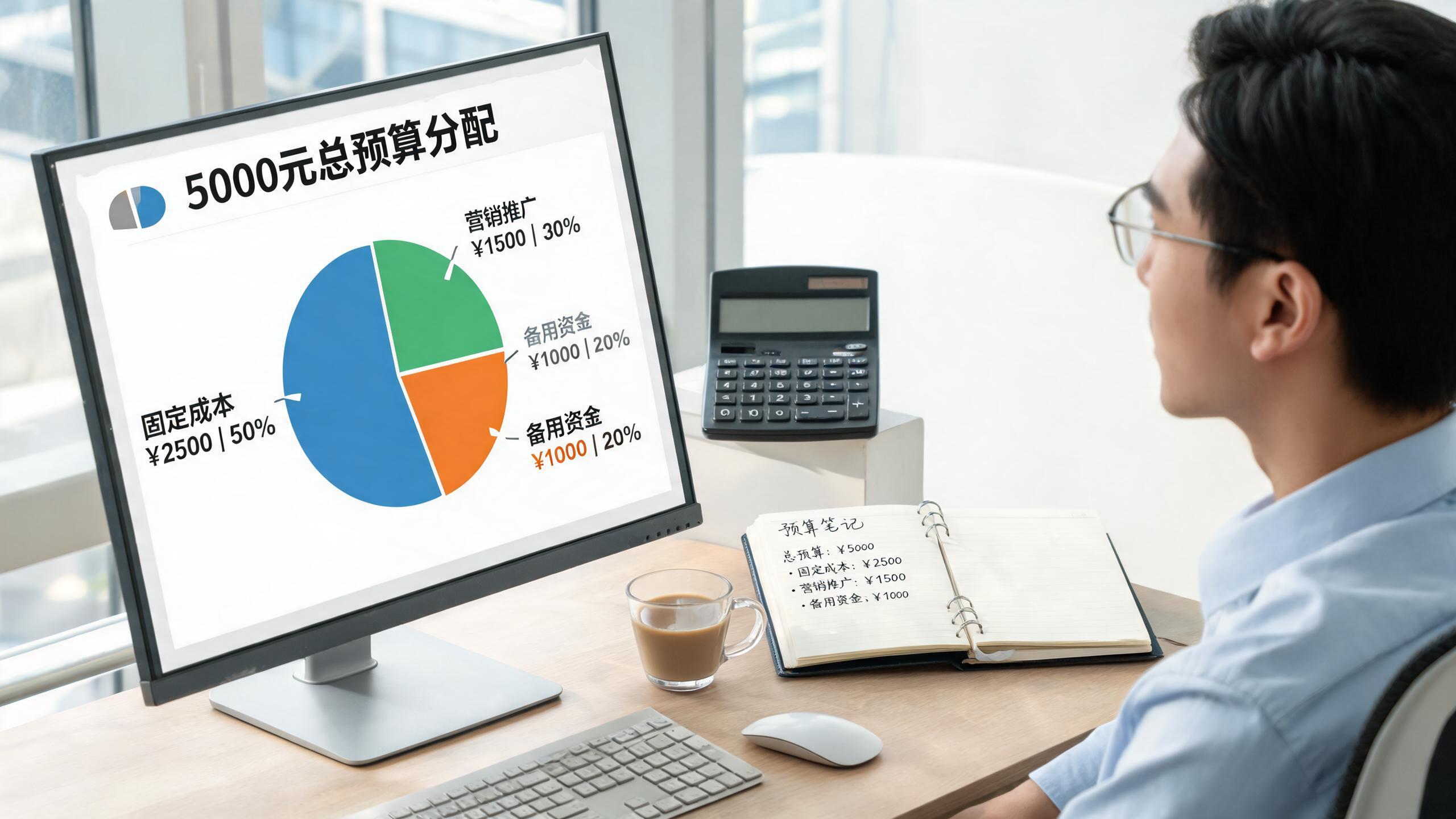 小预算规划场景：屏幕上5000元预算分配饼图，分为三块标注用途
