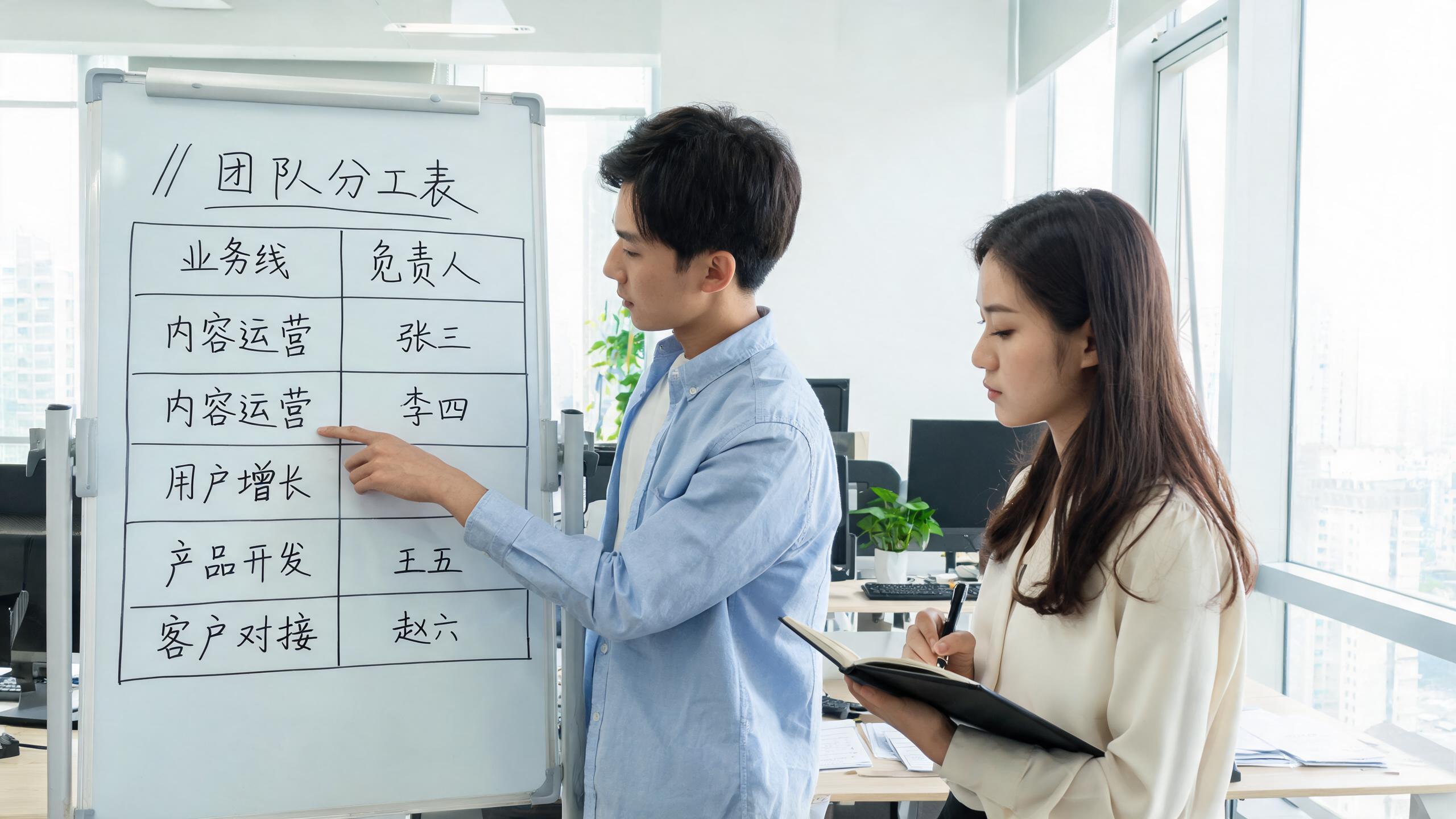 小团队作战场景：白板前的两人对着分工表和电脑讨论