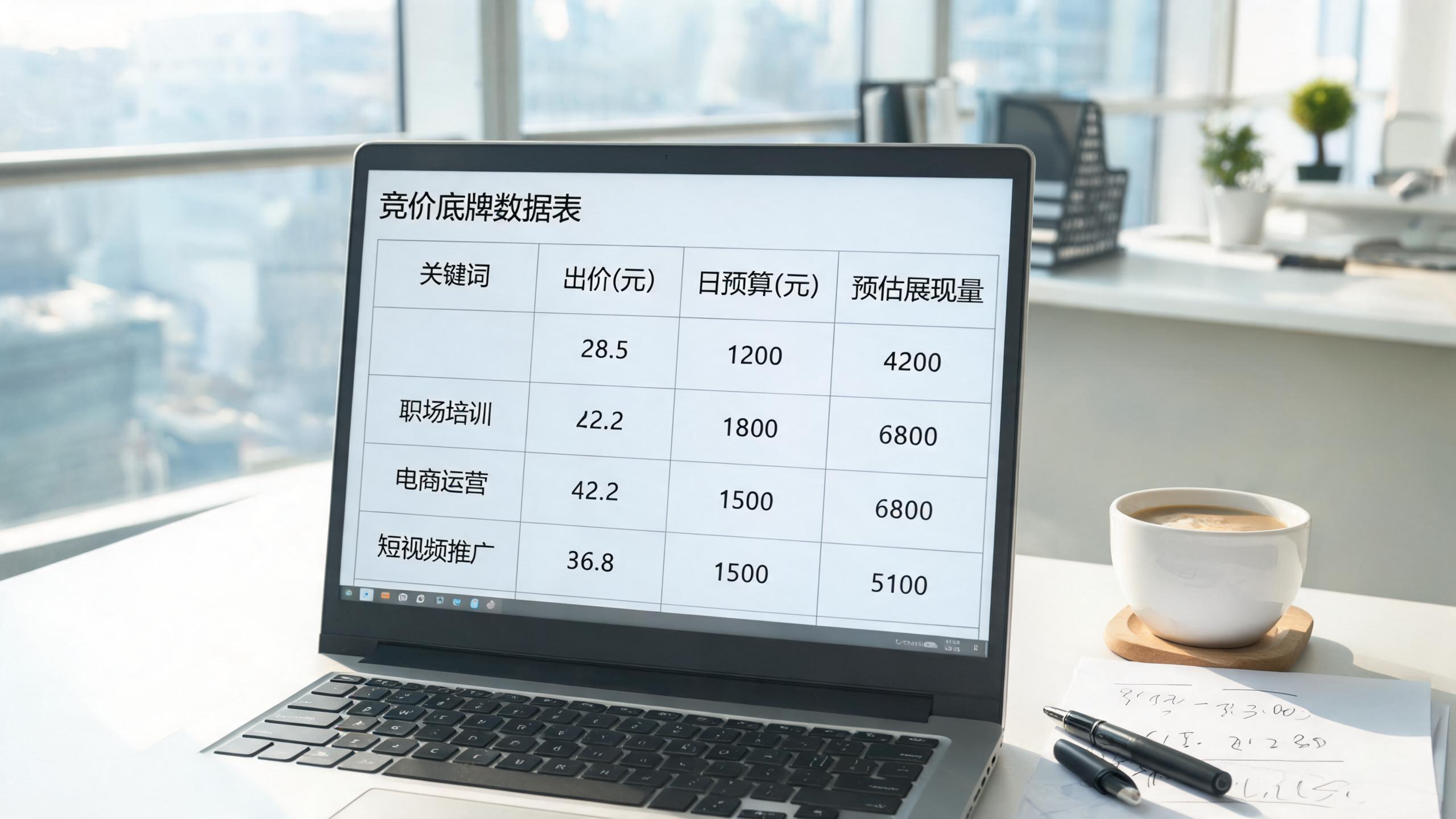 竞价底牌表场景：表格展示词、开跑竞价、日预算、触发条件四列数据