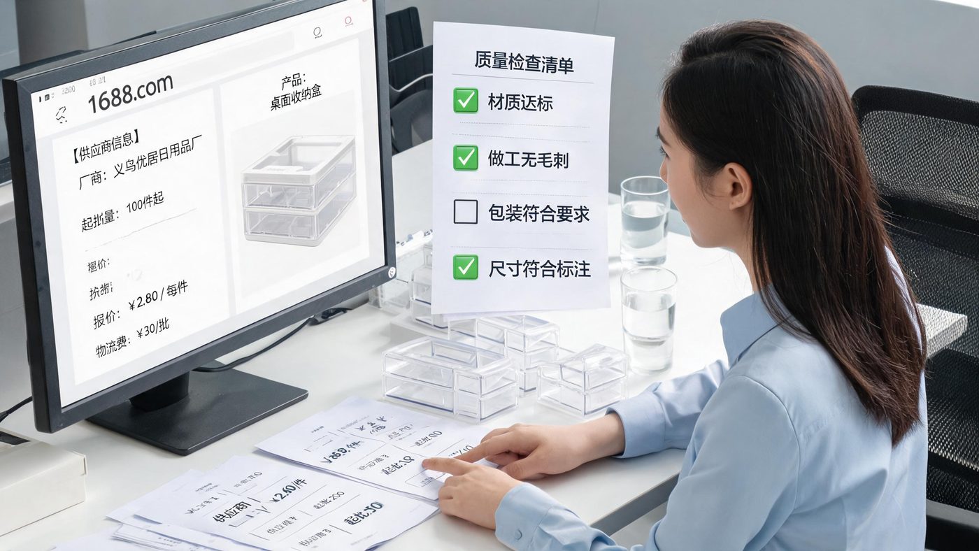 1688采购场景：电脑屏幕展示供应商页面与验货检查清单，旁边放着产品样品