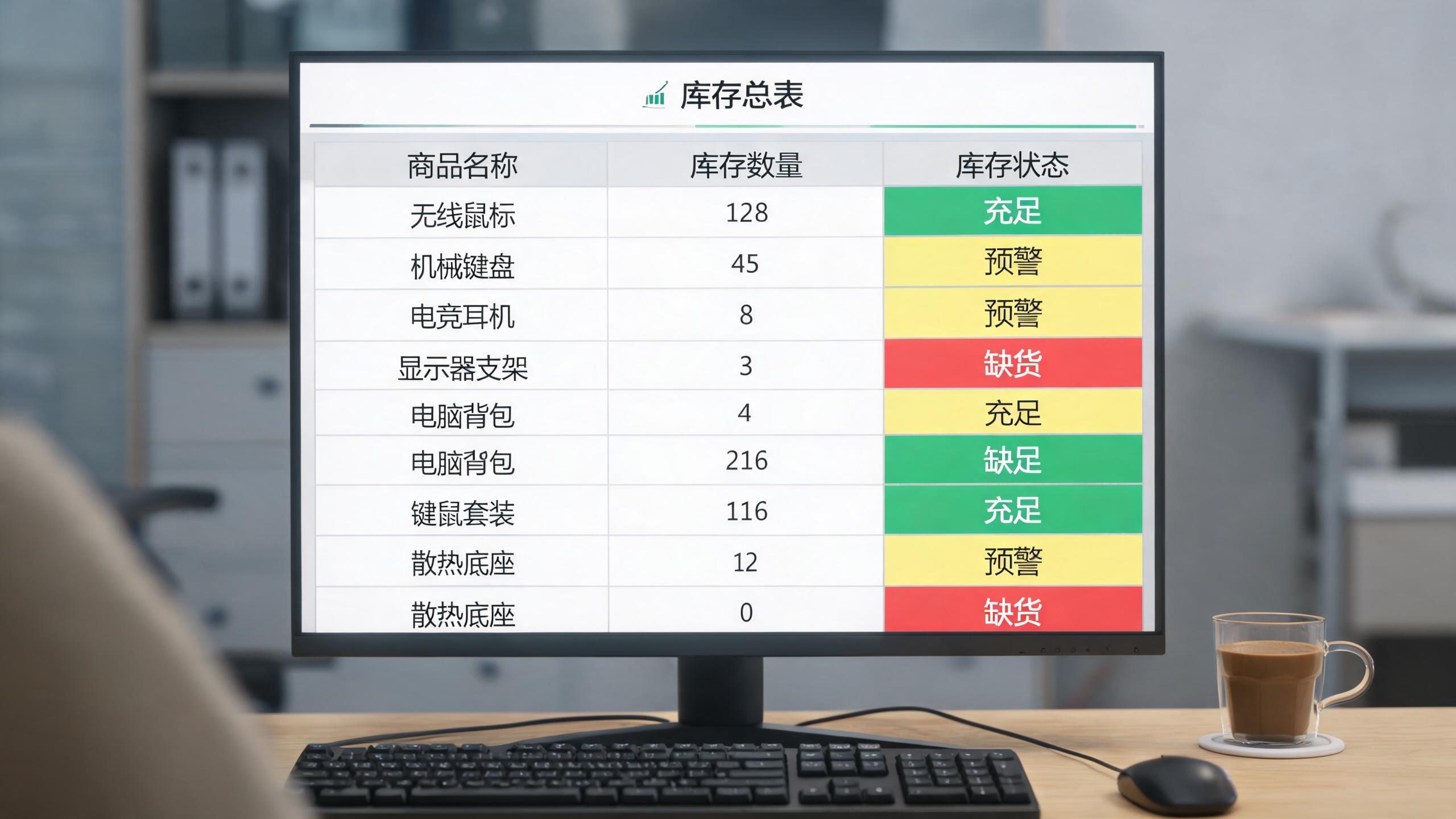 库存终盘场景：屏幕上的库存总表，每行三列数据与状态标注