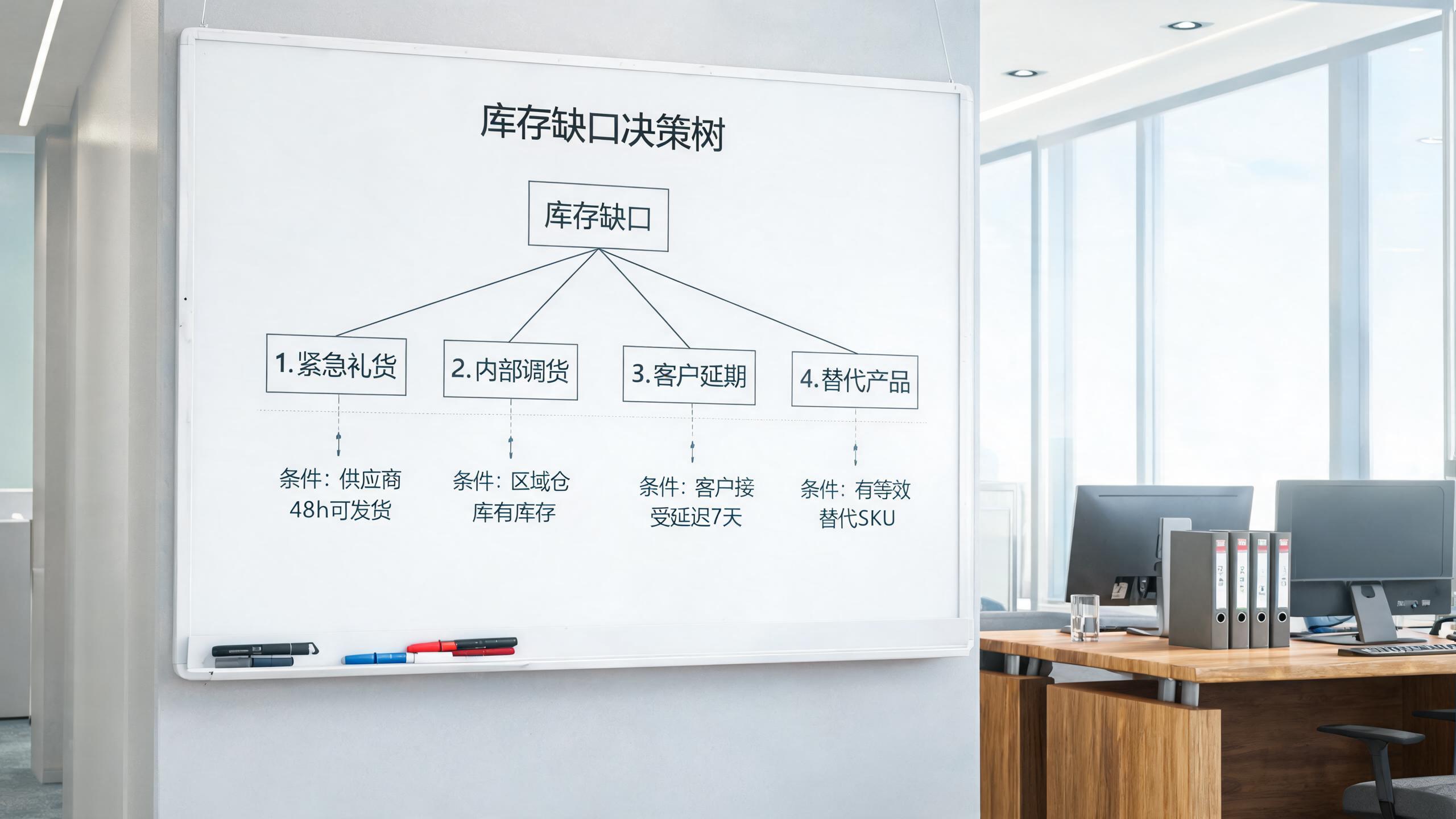 决策树场景：白板上画着库存缺口的四条出路，各标注适用条件
