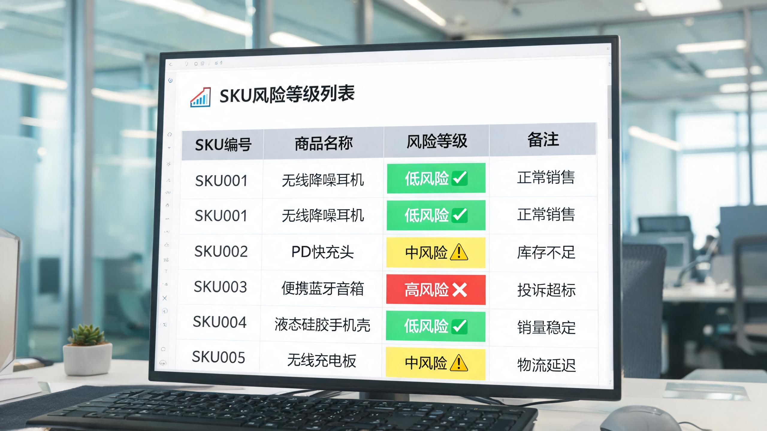 断货排查场景：屏幕上的SKU风险等级表，红黄绿标注