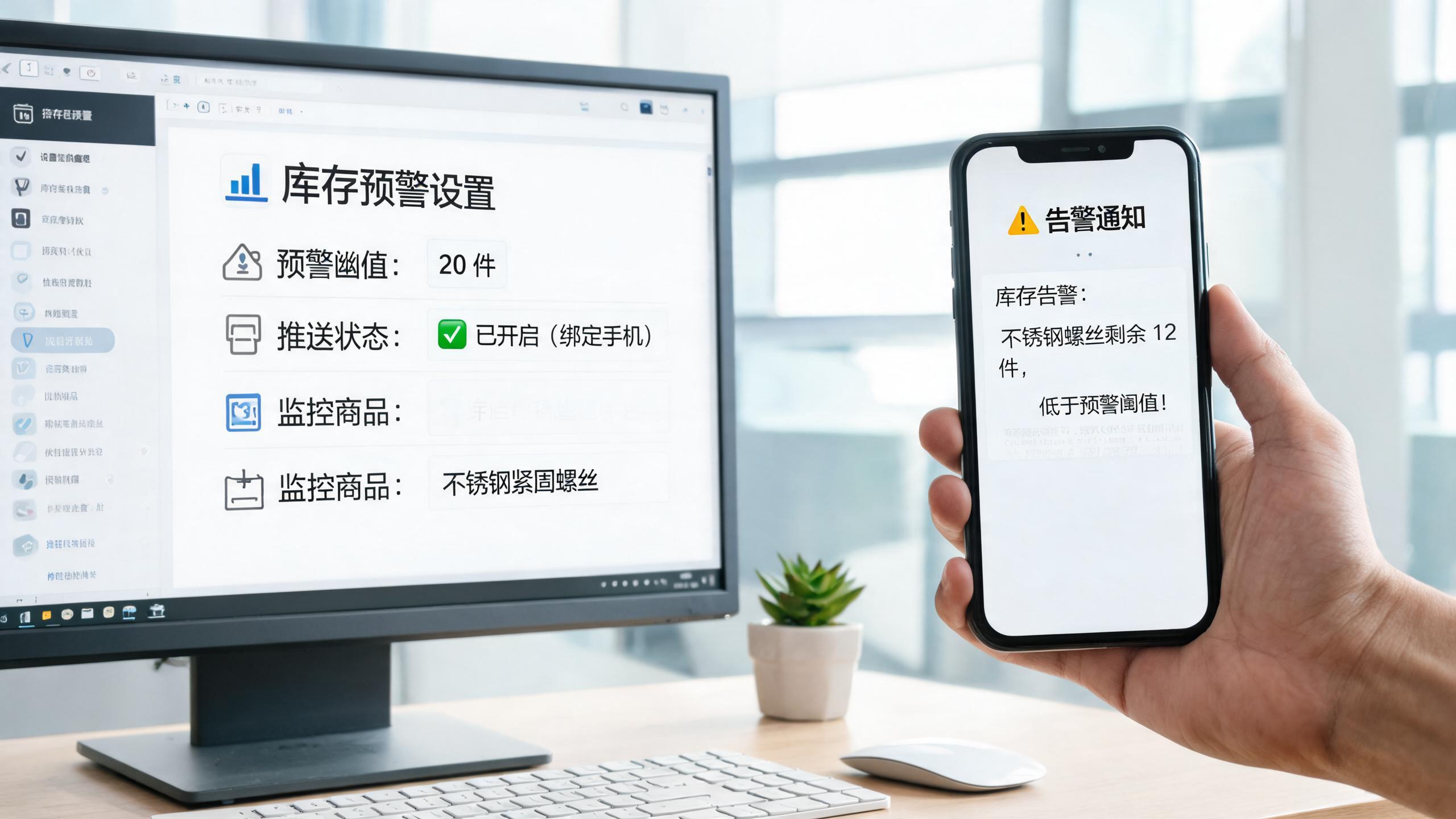 预案实测场景：屏幕上的预警设置界面与收到告警的手机