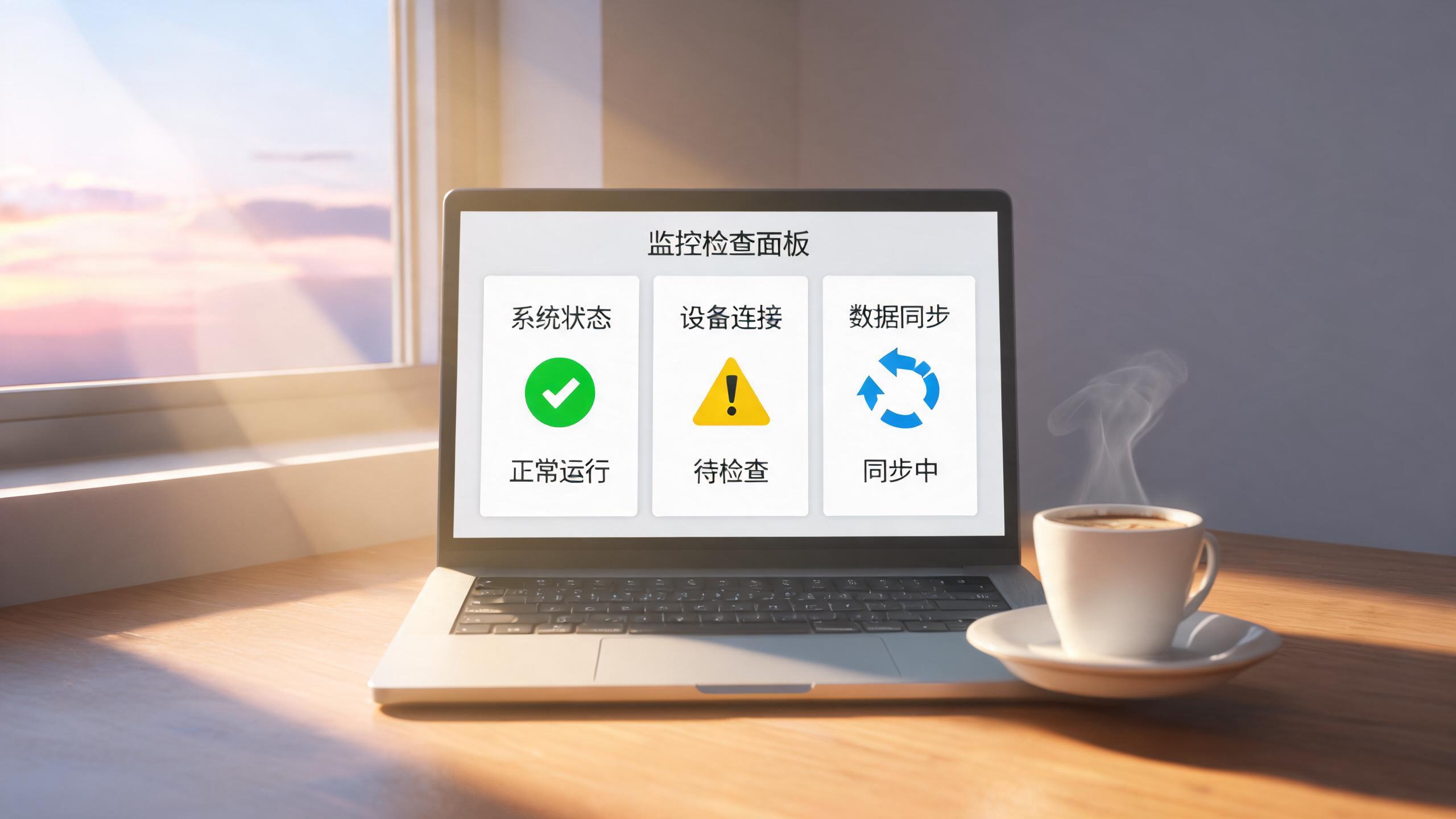 早巡检场景：早晨的电脑屏幕显示三格检查面板