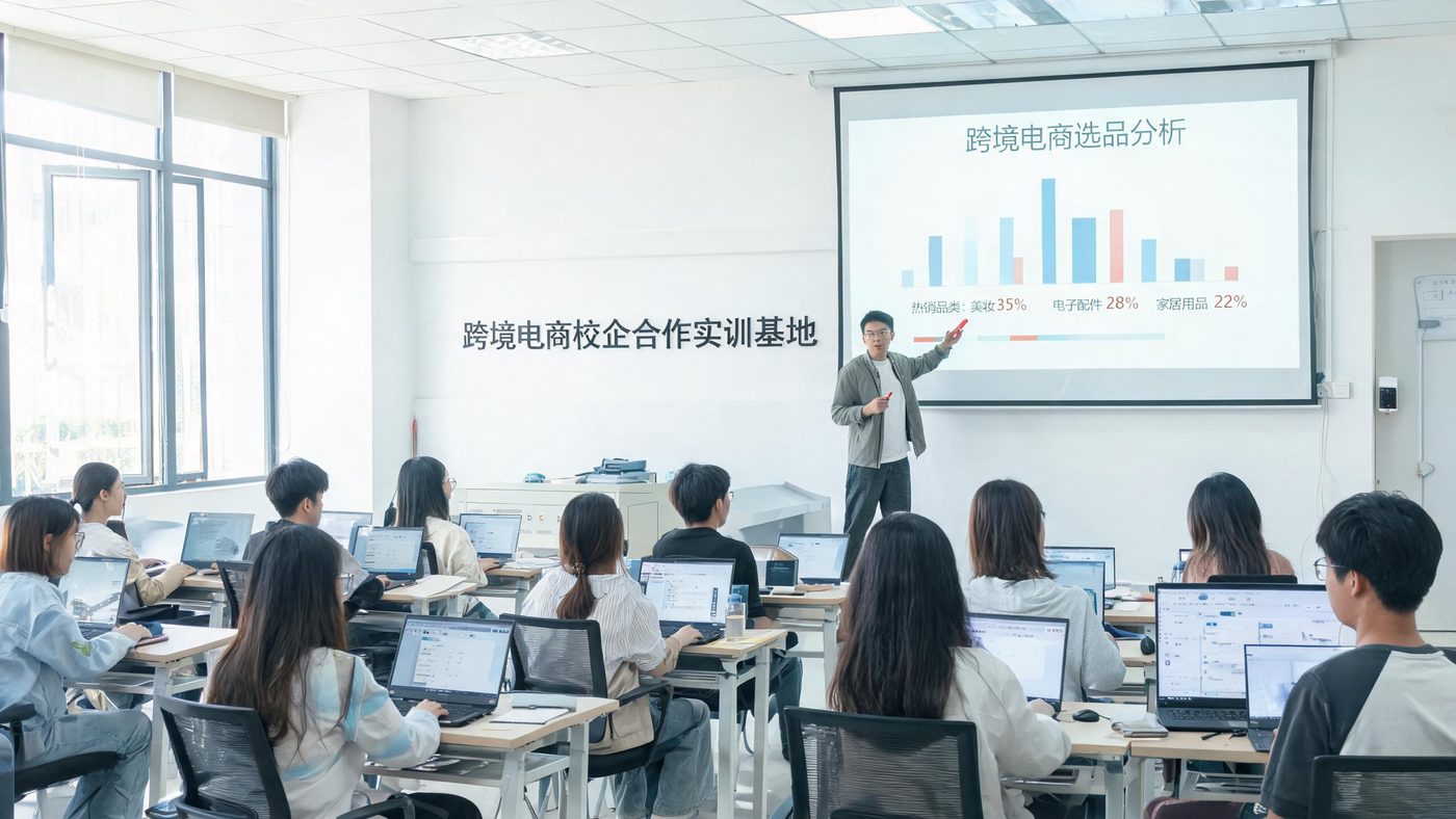 校企合作培训场景：教室里学生用电脑练习跨境电商后台操作，讲师在旁指导