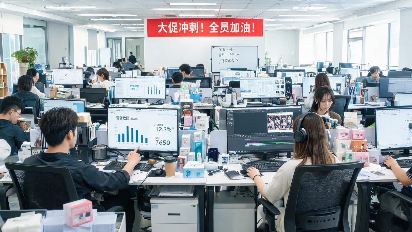 跨境电商公司办公场景：多个工位上运营人员和短视频剪辑师正在忙碌工作