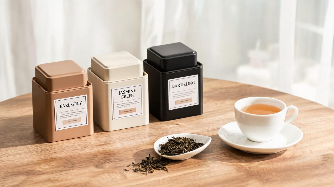 出口茶叶的精美包装：罐装茶叶搭配英文标签和礼盒