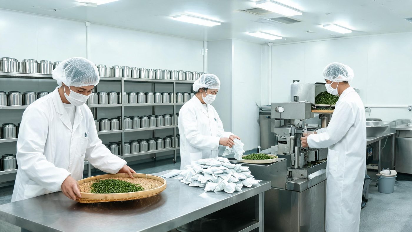 茶叶加工车间：工人正在筛选和包装出口茶叶，环境整洁规范