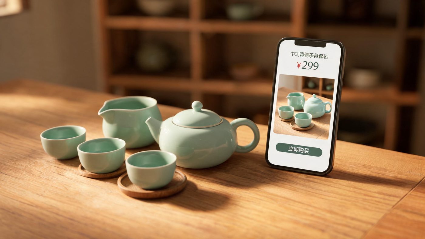 茶具产品展示场景：精心摆放的各类茶杯、茶壶与茶具套装，配有场景化的展示背景