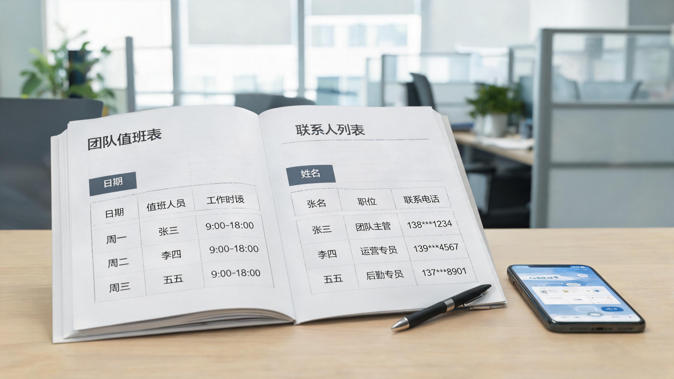 作战手册场景：桌上一本打开的管理手册，内有值班表与联系人页