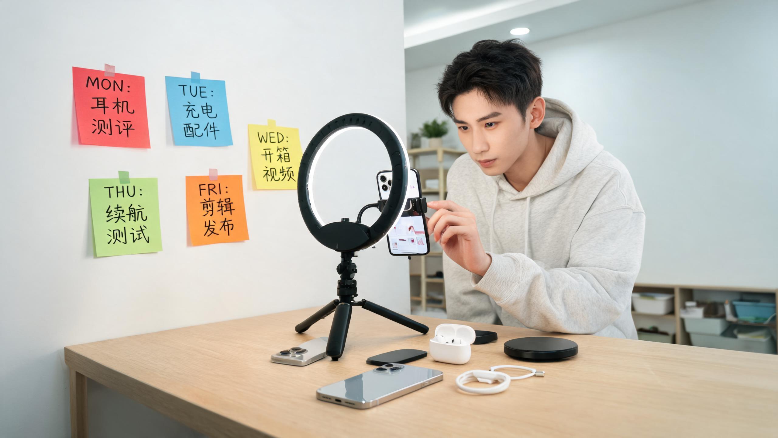 TikTok内容创作场景：手机拍摄产品短视频，背景是内容日历贴纸