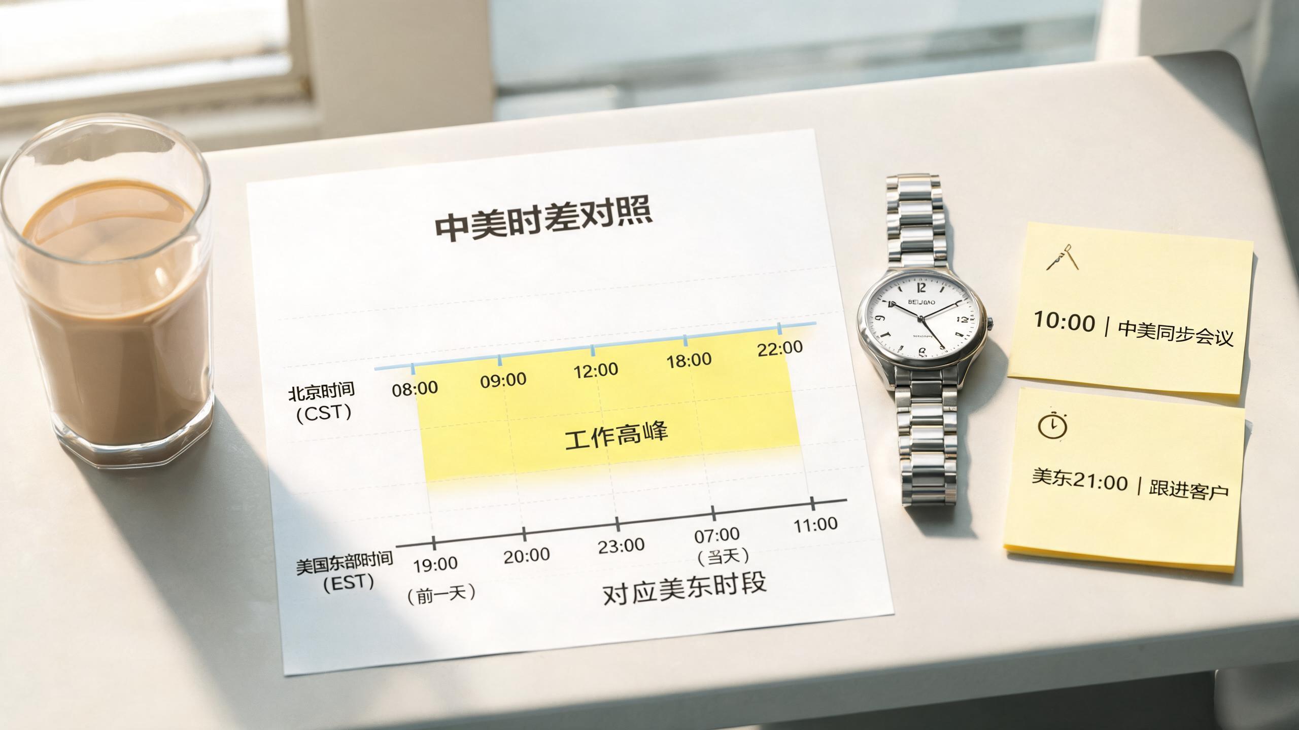 时差表场景：一张中美时差对照时间轴图，高峰段用颜色标注