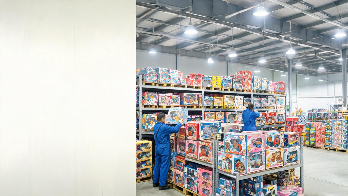 玩具仓库里码放着成箱的玩具产品，工人正整理包装