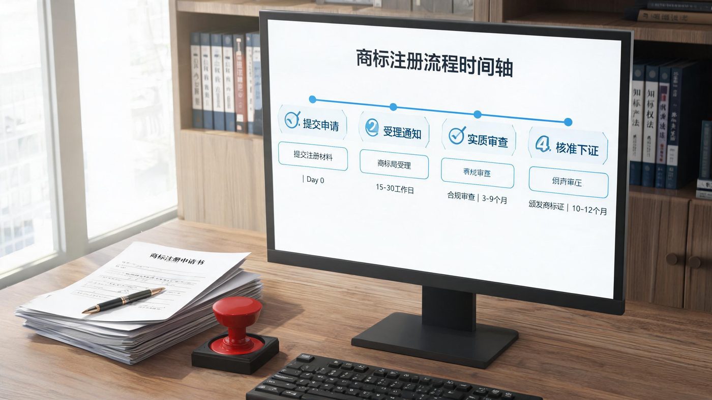 商标注册流程示意：时间轴展示提交、受理、审查、下证各阶段节点
