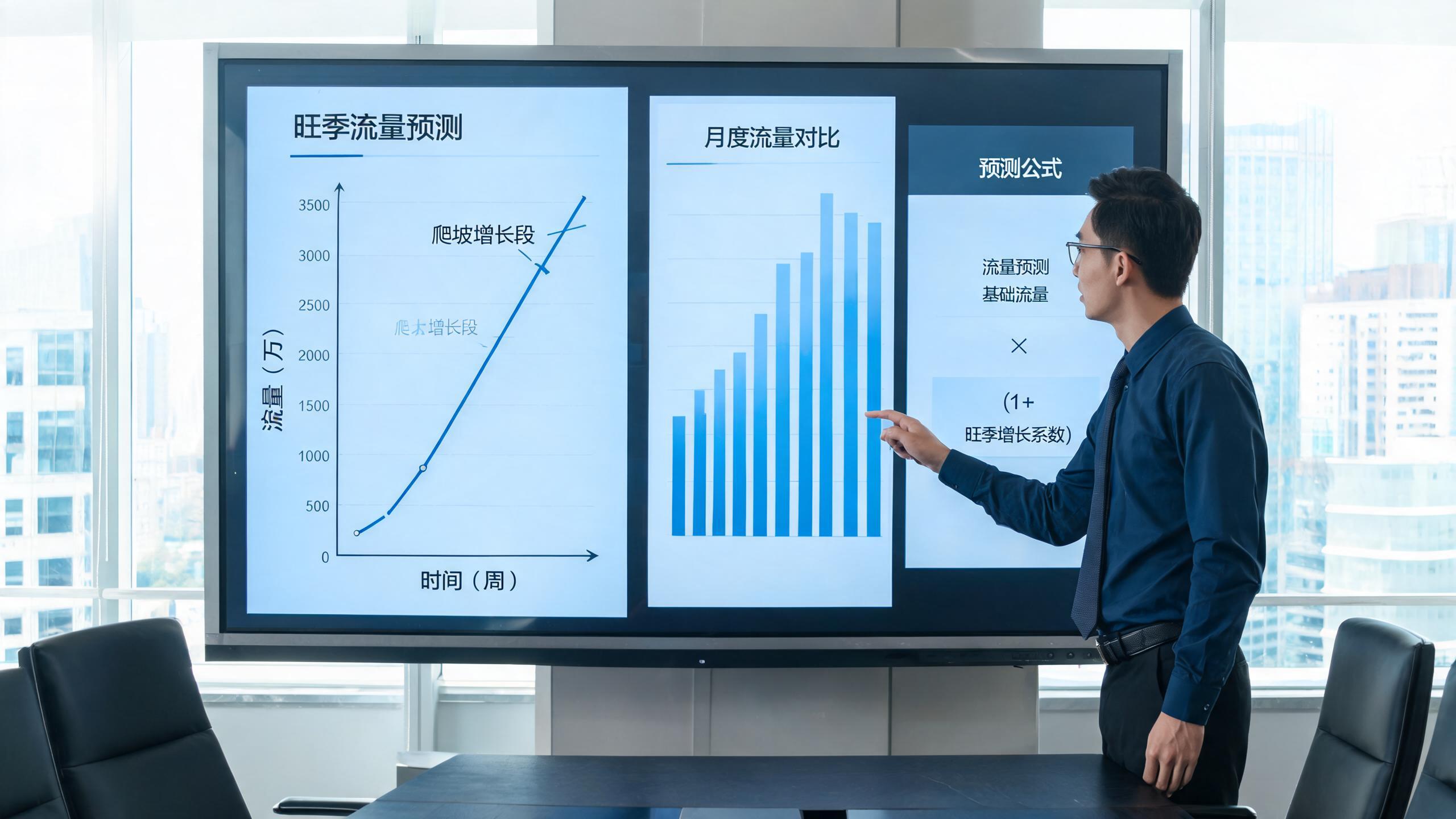 流量预测场景：屏幕展示黑五流量爬坡曲线与三层预估公式图表
