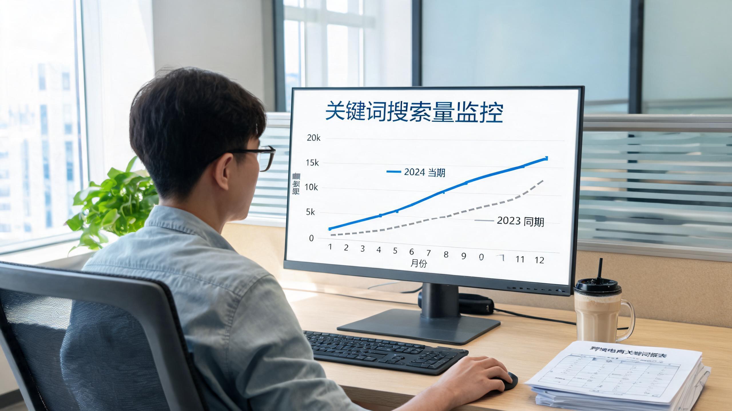 关键词监控场景：屏幕展示核心词搜索量的爬坡曲线与去年同期对比
