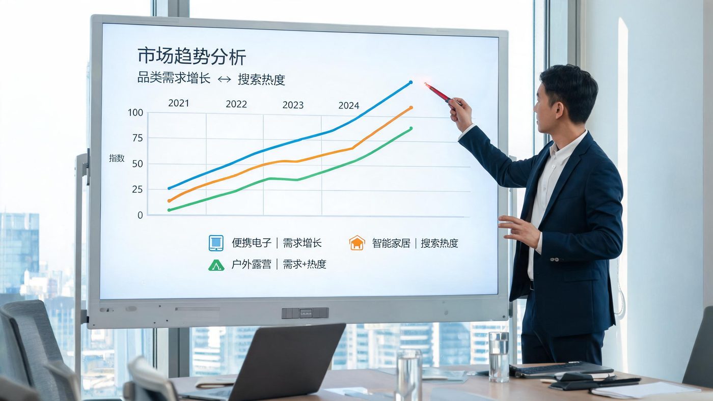 趋势分析场景：图表展示不同品类需求增长曲线与关键词搜索热度对比