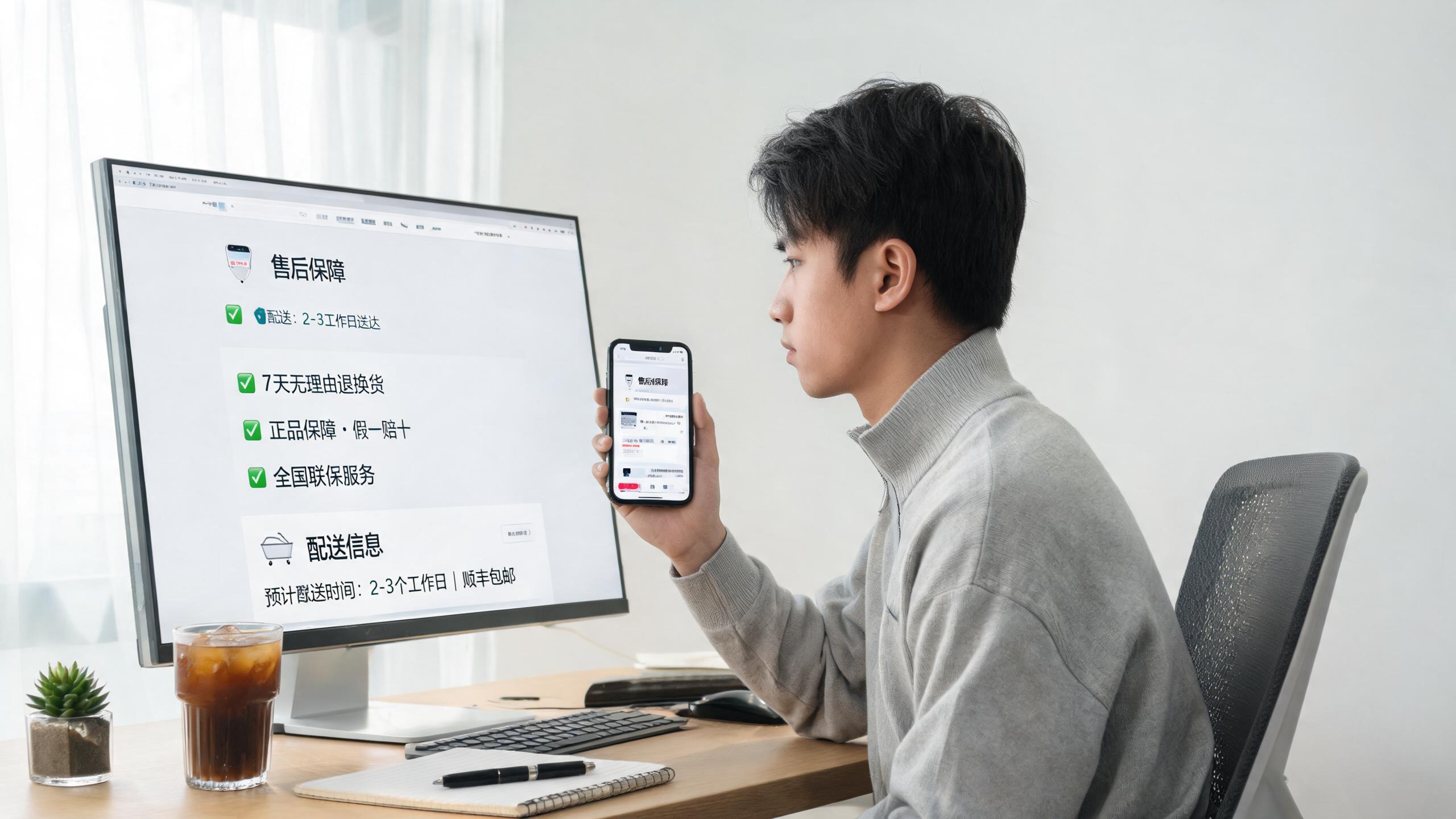 转化细节场景：屏幕展示A+页面的售后保障模块与配送截止时间标注