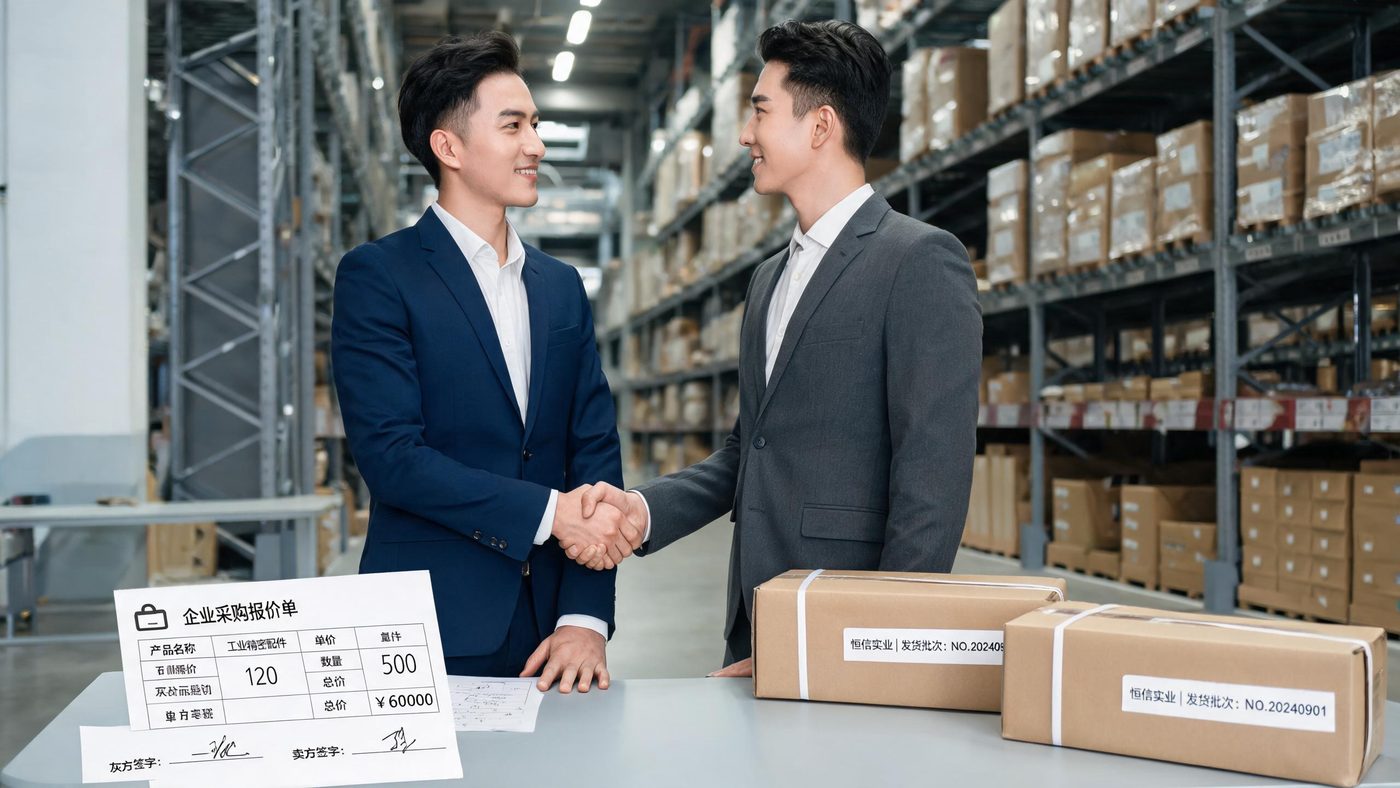 企业订单场景：办公桌上展示企业采购报价单与打包好的批量货物纸箱