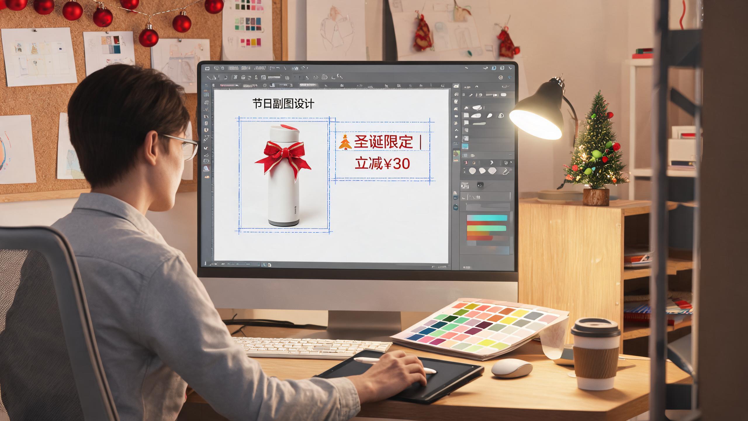 旺季视觉改造场景：设计师在电脑前调整产品副图的节日场景布局