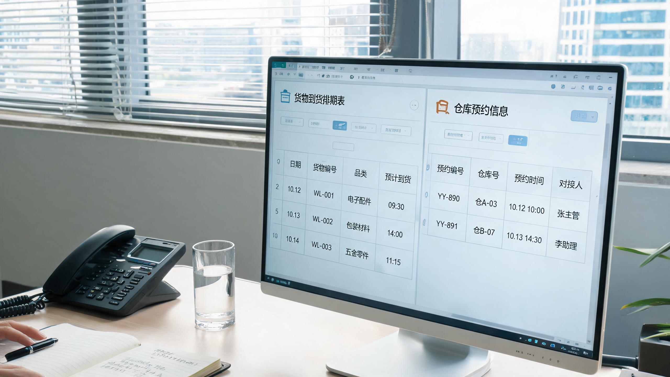 仓库协调场景：屏幕上的到货排期表与仓库预约信息