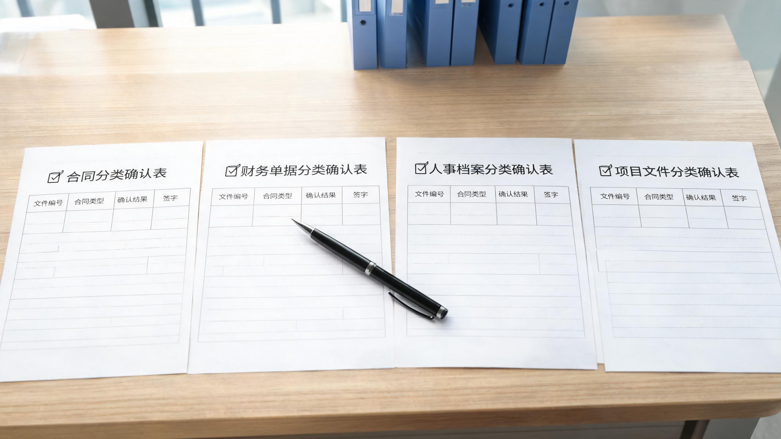 预热确认场景：桌面上四张分类确认表与签字笔