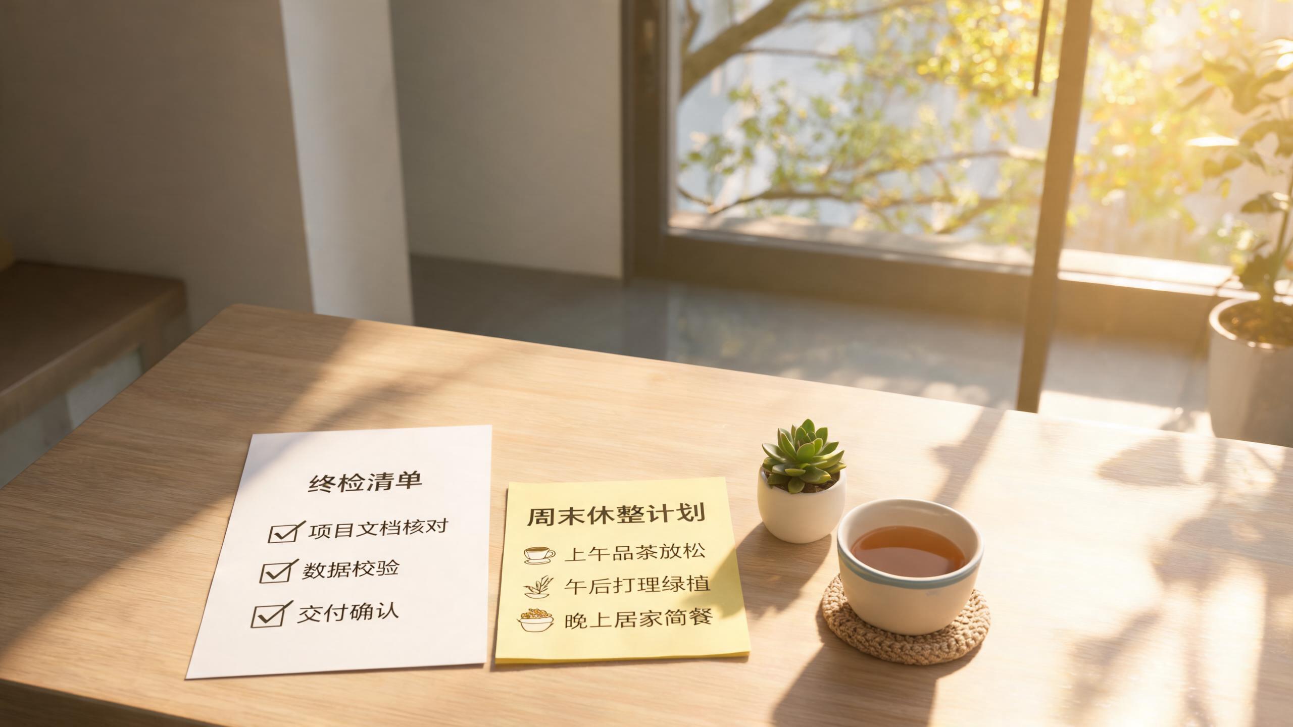 周末整备场景：桌面上的终检清单与休整计划并排