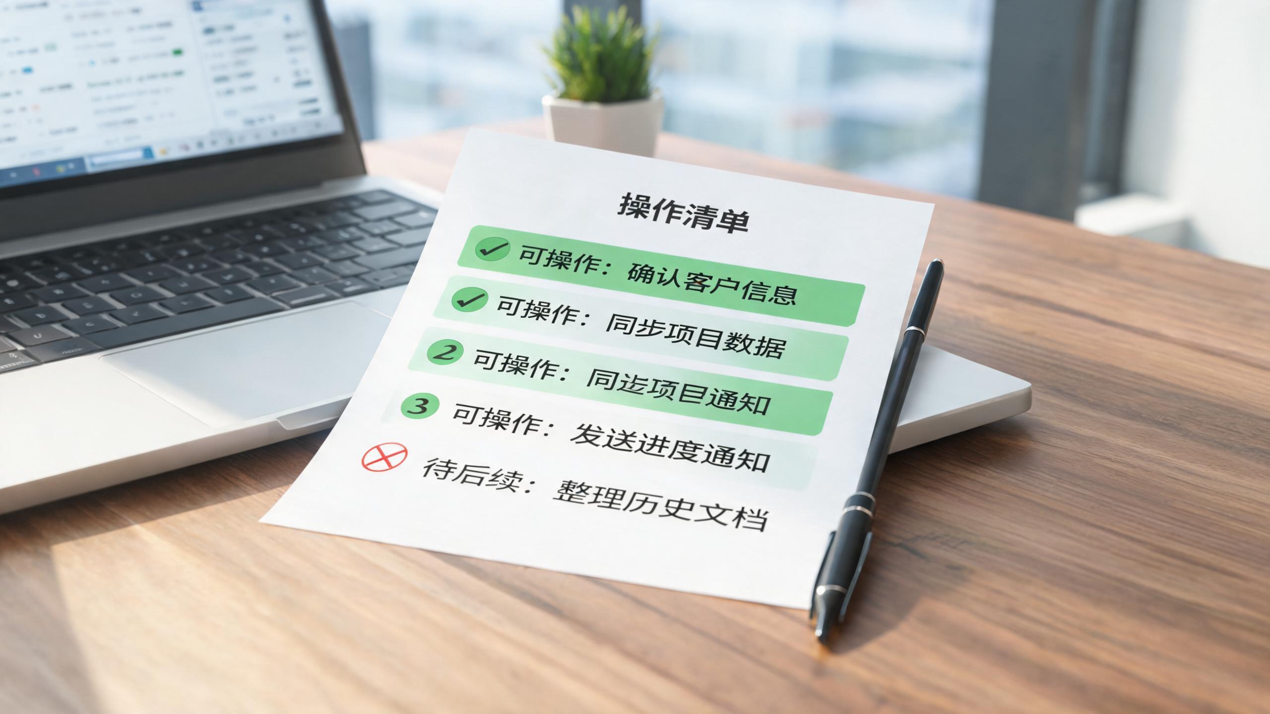 白名单场景：桌上一张打印的白名单清单，绿条标注可操作项