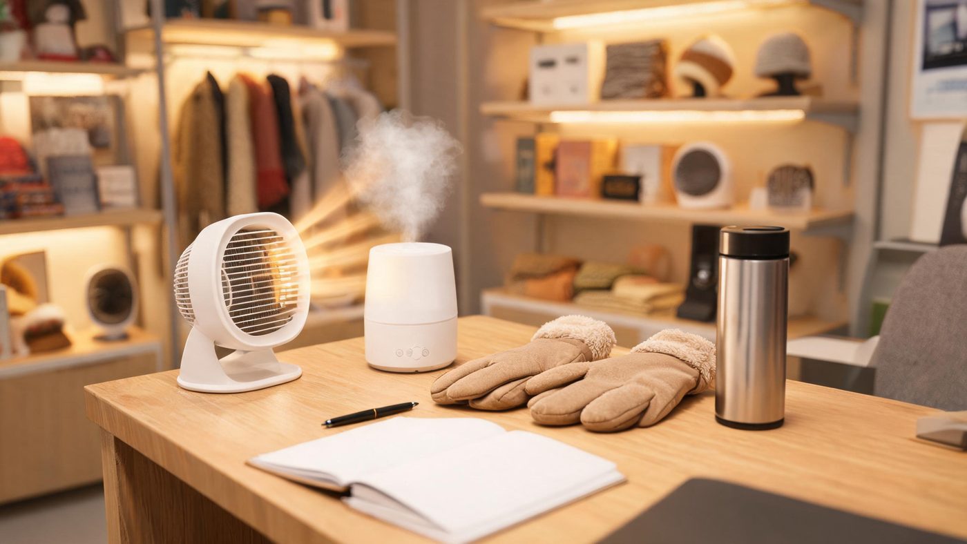 冬季品类选品场景：桌面摆放暖风机、加湿器、保暖手套等冬季产品样品